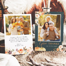Give Thanks Autumn Gold Floral Thanksgiving Photo Julkort