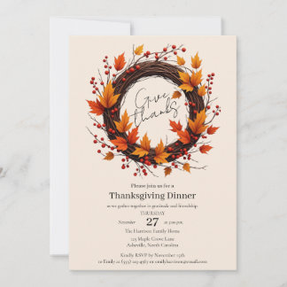 Give Thanks Autumn Wreath Thanksgiving Invitation  Spara Datumet