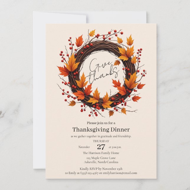 Give Thanks Autumn Wreath Thanksgiving Invitation  Spara Datumet (Framsida)