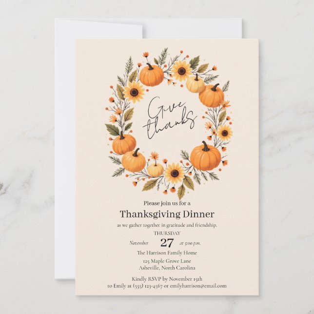 Give Thanks Autumn Wreath Thanksgiving Invitation Spara Datumet (Framsida)
