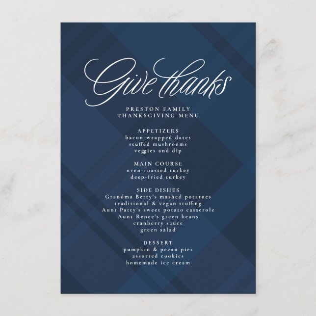 Give thanks Thanksgiving dinner navy plaid Meny (Framsida)