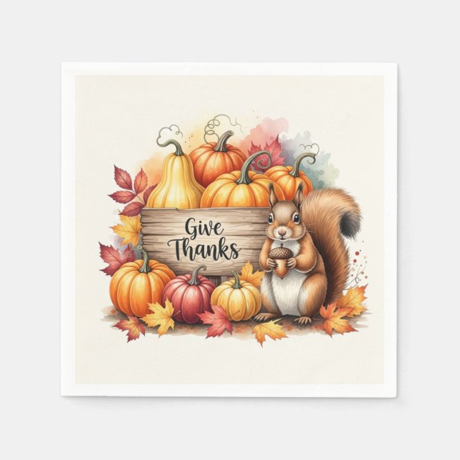 Give Thanks – Whimsical Squirrel & Pumpkin Harvest Pappersservett (Framsidan)