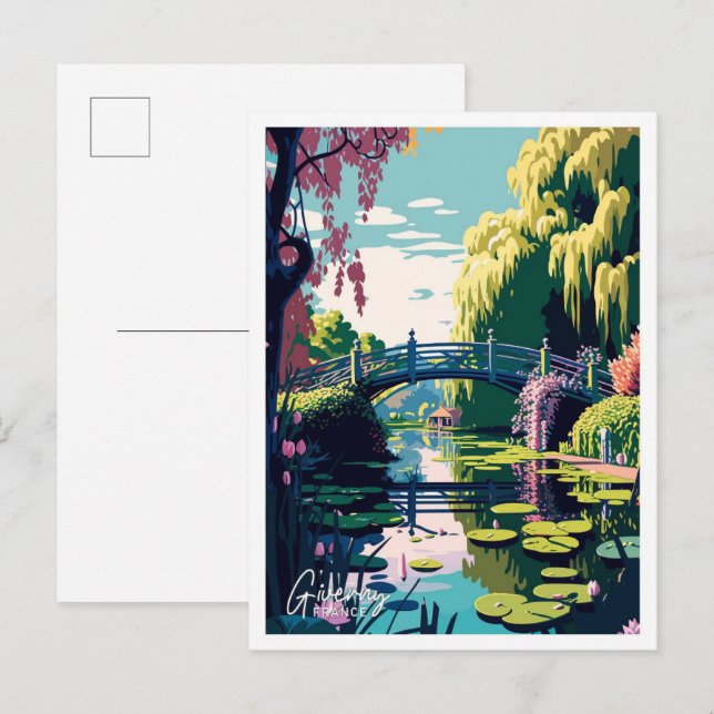 Giverny Frankrike Travel Vintage Illustration Vykort (Fram/baksida)