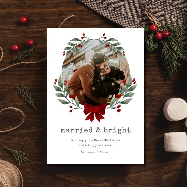 Givet kort för ljusa par fotopilar - Helgdag (Married Bright Couple Photo Christmas Holiday Card)