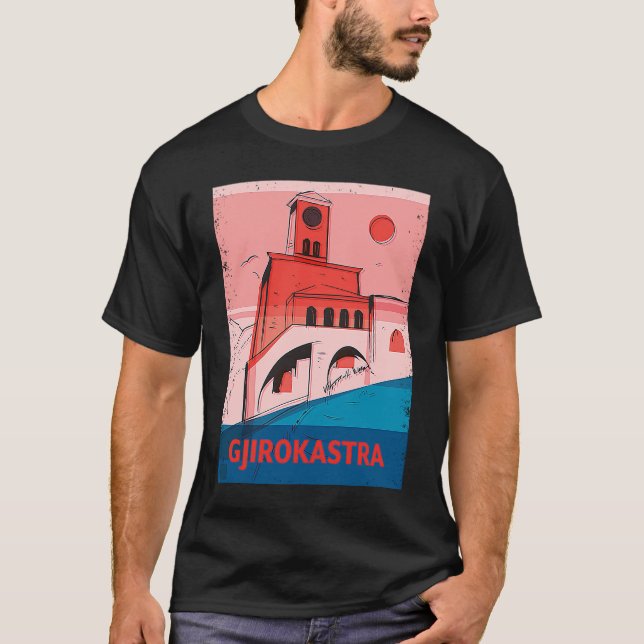 Gjirokastra Albania City Skyline Silhouette Outlin T Shirt (Framsida)