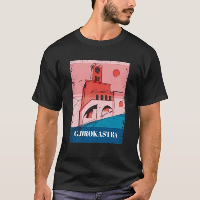 Gjirokastra Albania City Skyline Silhouette Outlin T Shirt (Framsida)