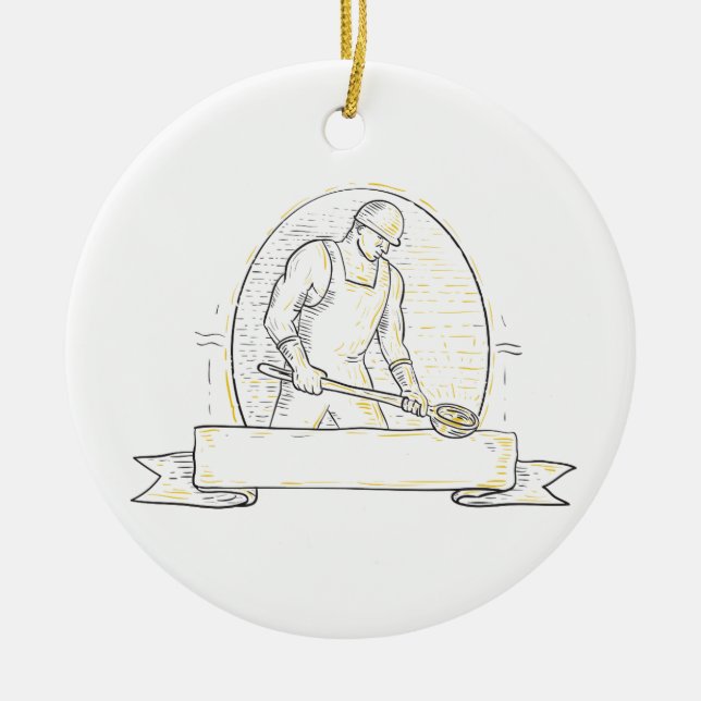 Gjuteriarbetaren stålsätter ladlen Miono fodrar Julgransprydnad Keramik (Framsidan)