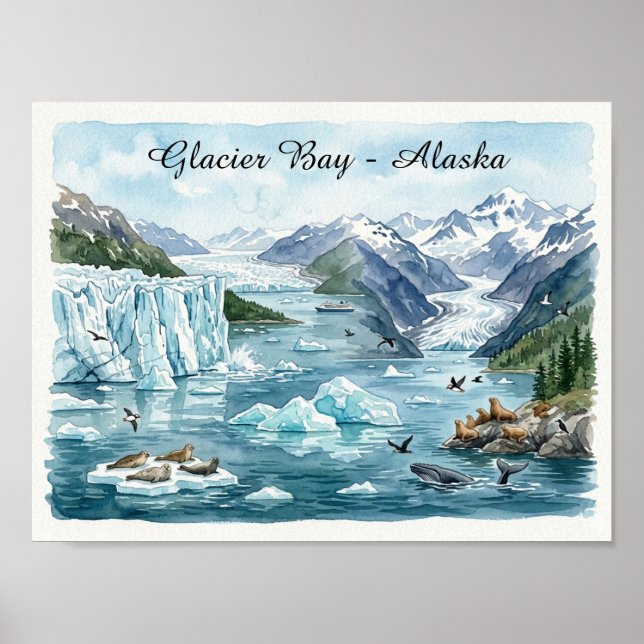 Glacier Bay Alaska Nationalpark Akvarell Poster (Framsidan)