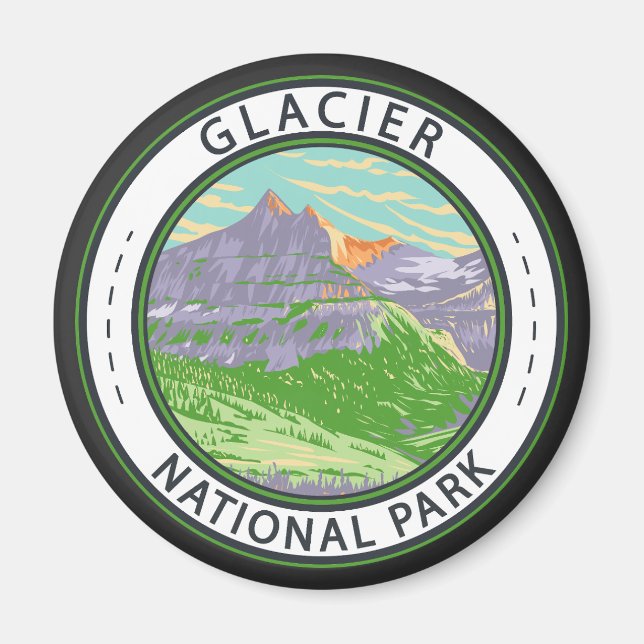 Glacier National Park i Vår Montana Badge Magnet (Framsidan)