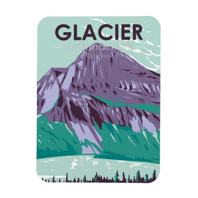 Glacier National Park Montana Gömt Sjö Vintage Magnet (Vertikal)