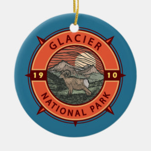 Glacier National Park Retro Bighorn Sheep Compass Julgransprydnad Keramik