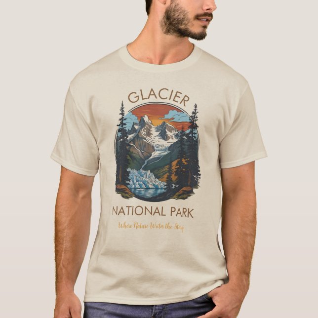 Glacier National Park Retro Mountain T-Shirt  (Framsida)