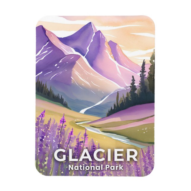 Glacier National Park | Vår Lavendel Akvarell Magnet (Vertikal)
