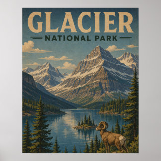 Glacier National Park Vintage WPA-stil Bergsjösjök Poster