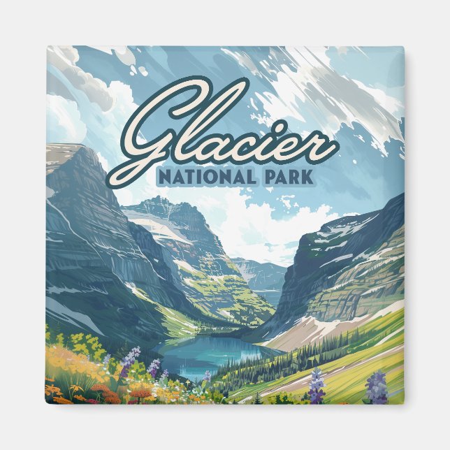 Glacier nationalpark Montana Sjö Retro Magnet (Framsidan)