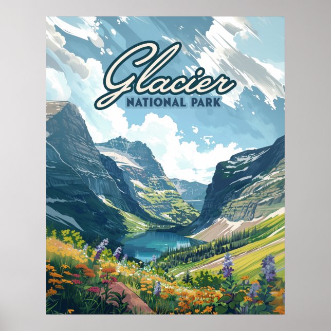 Glacier nationalpark Montana Sjö Retro Poster (Framsidan)
