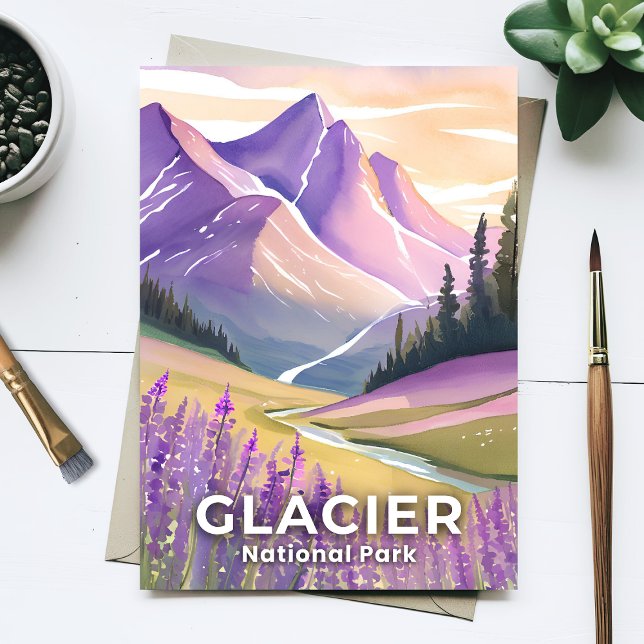 Glacier nationalpark | Vår Lavender Watercolor Vykort (Skapare uppladdad)
