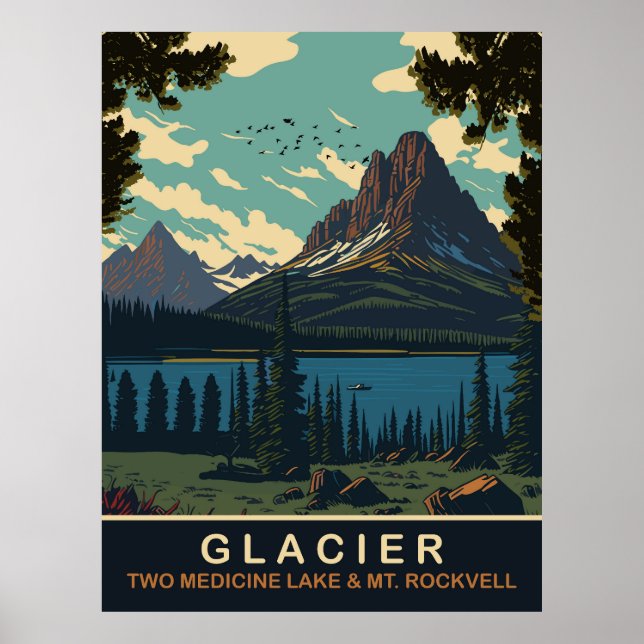 Glacier, två Medicine Sjö och Mt Rockwell Poster (Framsidan)