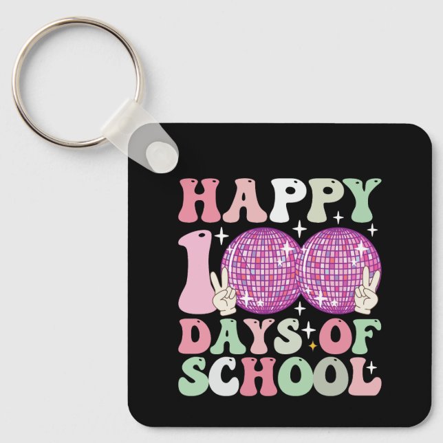 Glad 100 dagar på skolan Disco Boll Groovy Retro Nyckelring (Framsida)