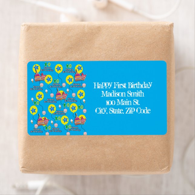 Glad 10-års födelsedagsadressetiketter, blå fraktsedel (Insitu)