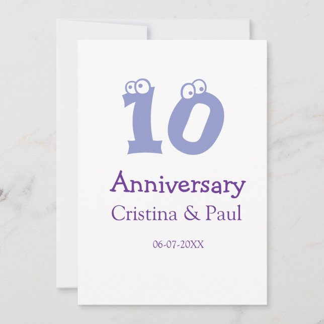 Glad 10-årsjubileum enkel minimal bröllopsnamn inbjudningar (Framsida)