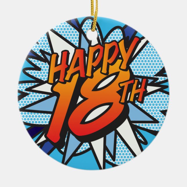 GLAD 18-ÅRSDAG Kul Retro Serietidning Julgransprydnad Keramik (Framsidan)