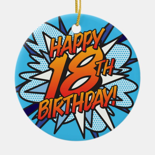GLAD 18-ÅRSDAG Rolig Retro Serietidning Julgransprydnad Keramik (Framsidan)