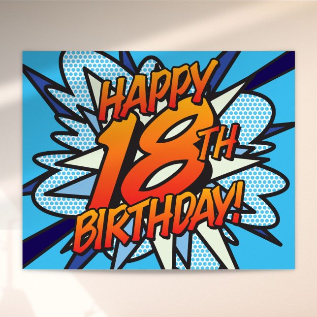 GLAD 18-ÅRSDAG Serietidning Popkonst blå Poster (HAPPY 18TH BIRTHDAY Comic Book Pop Art blue Poster)