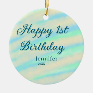 Glad 1-årsdag barn babyblå grön pastell ret julgransprydnad keramik