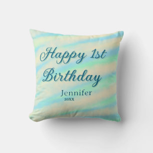 Glad 1-årsdag barn babyblå grön pastell ret kudde