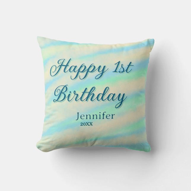 Glad 1-årsdag barn babyblå grön pastell ret kudde (Framsida)