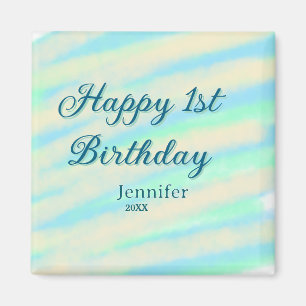 Glad 1-årsdag barn babyblå grön pastell ret magnet