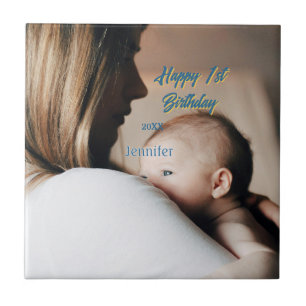 Glad 1-årsdag barn bebis mamma blå gul f kakelplatta