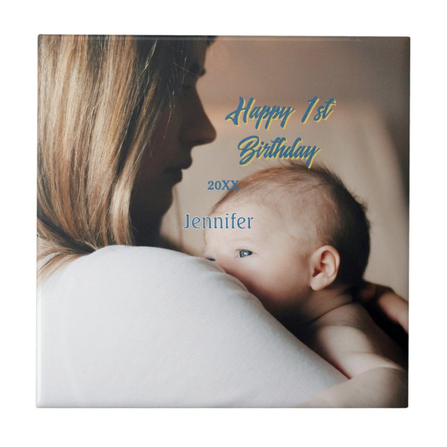 Glad 1-årsdag barn bebis mamma blå gul f kakelplatta (Framsidan)