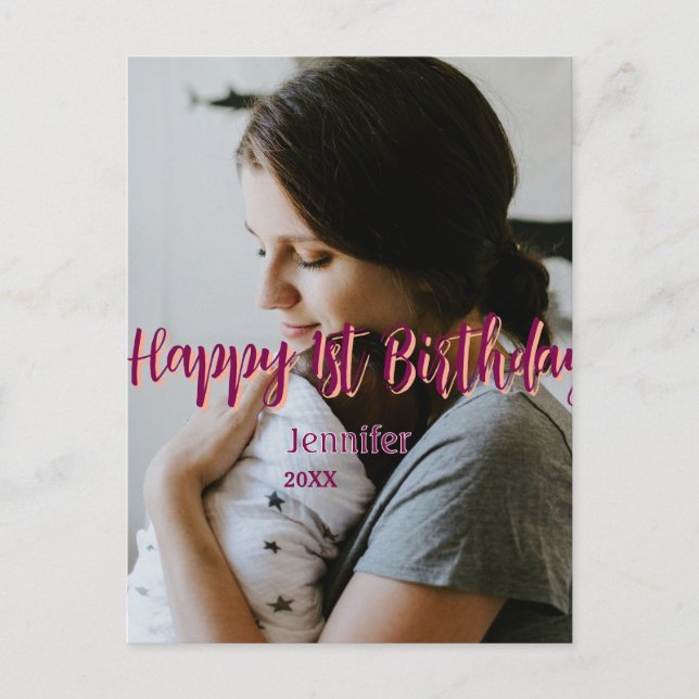 Glad 1-årsdag barn bebis mamma röd orange stil vykort (Framsida)