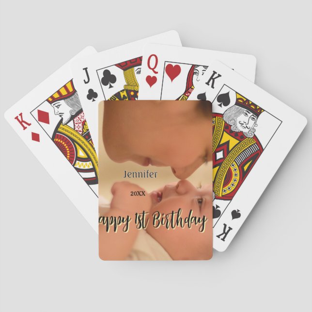 Glad 1-årsdag barn bebis mamma svart gul  casinokort (Baksidan)