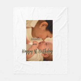 Glad 1-årsdag barn bebis mamma svart gul fleecefilt