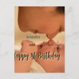 Glad 1-årsdag barn bebis mamma svart gul vykort