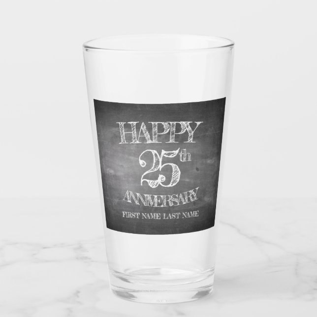 Glad 25-årsjubileum på kritskriva tavla glaskopp (Framsida)