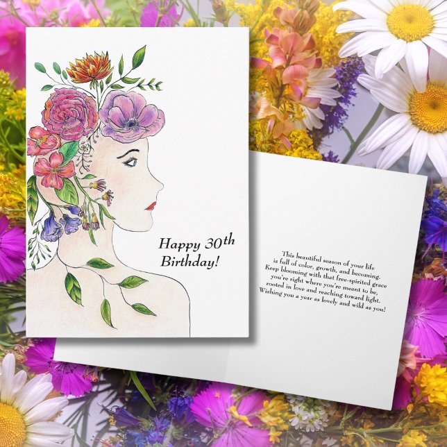 Glad 30-årsdag Kvinna  Blommor Illustration Kort (Skapare uppladdad)