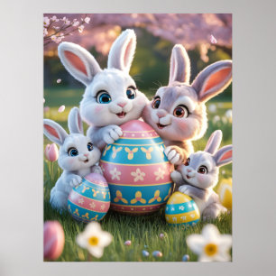 Glad 3D kaninfamilj med ett påskägg Poster