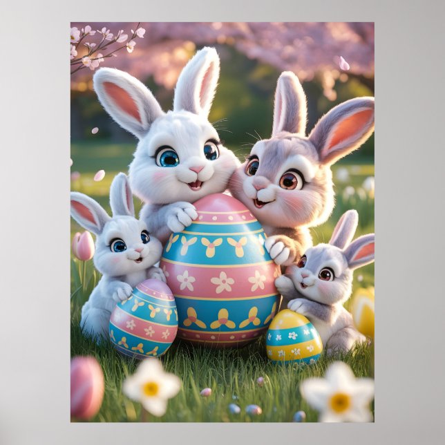 Glad 3D kaninfamilj med ett påskägg Poster (Framsidan)