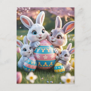 Glad 3D kaninfamilj med ett påskägg Vykort