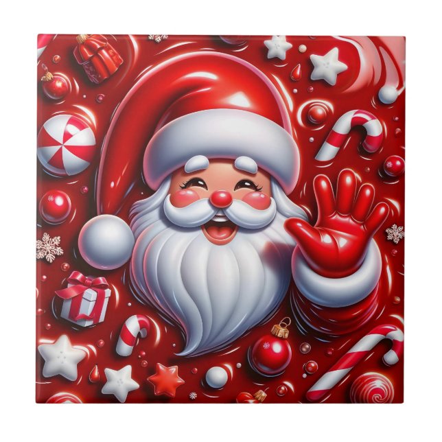 Glad 3D Tomte i Röda Keramiska Plattor Kakelplatta (Framsidan)