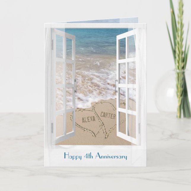 Glad 4-årsjubileum öppen strandfönster kort (Framsida)