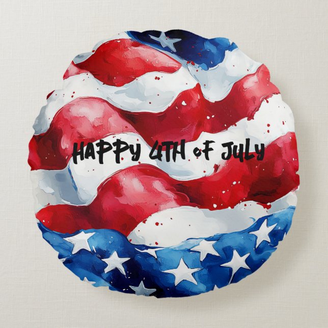 Glad 4:e juli Amerikansk flagga Rund Kudde (Framsidan)