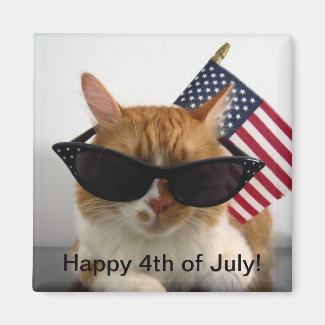 Glad 4:e juli Cool Cat med Flagga Magnet (Framsidan)