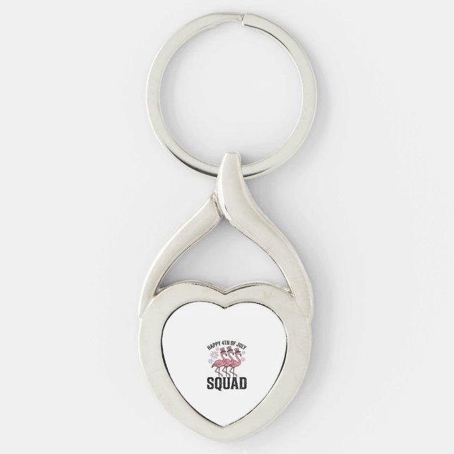 Glad 4:e juli Flamingo Squad Vector Design_1 Twisted Heart Silverfärgad Nyckelring (Framsidan)