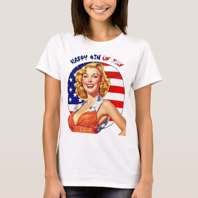 Glad 4:e juli Retro Pin-up Flick Konst T Shirt (Framsida)