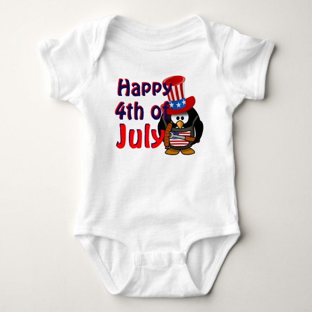Glad 4:e Juli Söt Patriotisk Pingvin T-shirt (Framsida)